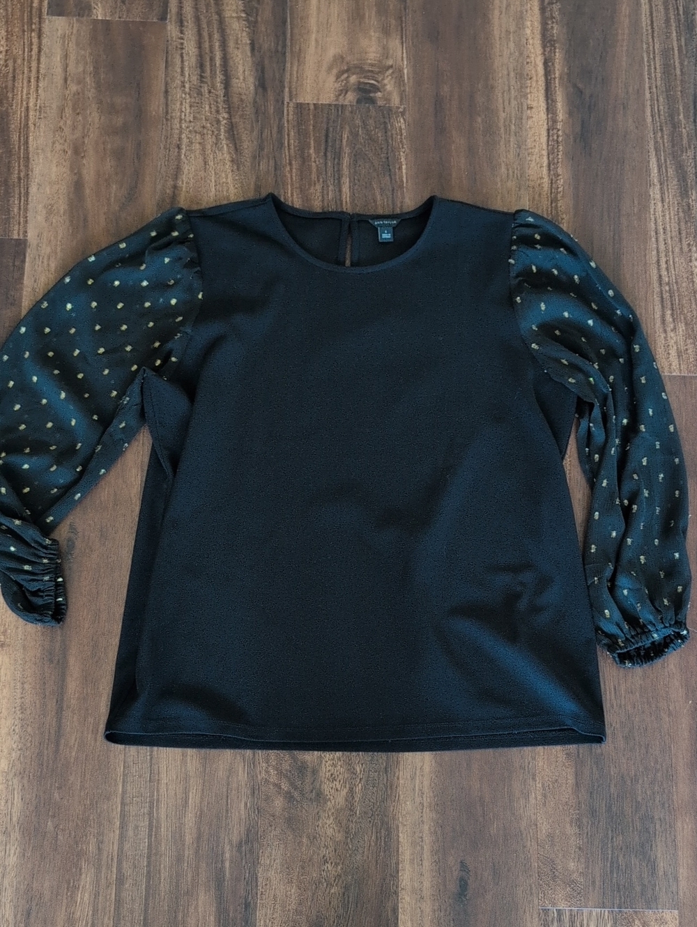 Ann Taylor Black Top with Gold Dot Sheer Sleeves